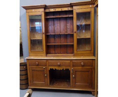 Early 20th century Welsh oak dog kennel dresser with glazed cabinet back. (B.P. 21% + VAT)Measurements: 170 x 44 x 215cm appr