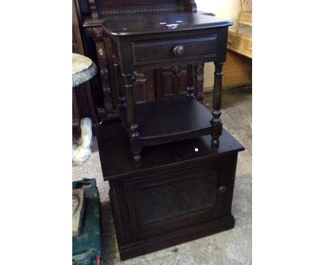 Stained Ercol style bedside table together with a low glazed stained cupboard.  (2)  (B.P. 21% + VAT) 