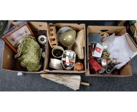 Three boxes of assorted items to include: wall barometers, cased model of a miniature ship, Welsh tapestry placemats and coas