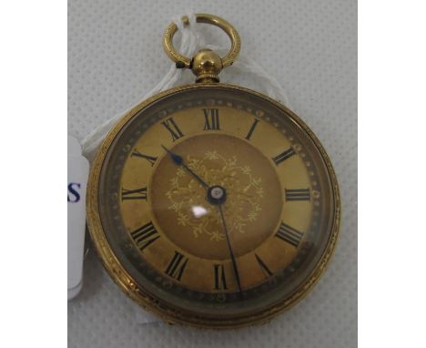 19th century 18ct gold fancy key wind lever fob watch with foliate decoration to the back and engine turned Roman face.  Tota