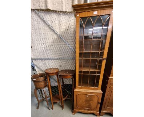 Collection of furnishing items, to include: two mahogany jardinière stands, R A Lister &amp; Co. Ltd. oak coopered and metal 