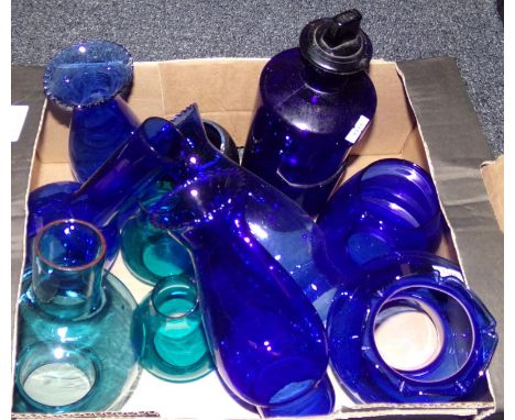 Box of assorted coloured glass, mostly Bristol Blue in colour, to include: oil lamp chimneys, chemist bottle with lid etc.  (