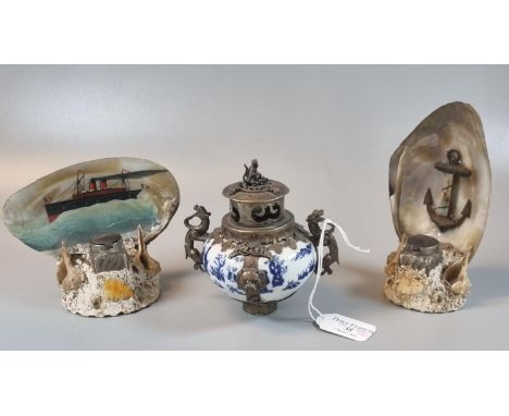 Oriental porcelain blue and white and white metal lidded two handled censer with dragon handles, monkey and frog finial. Toge