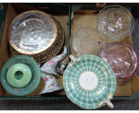 Two boxes of glass and china to include: various moulded glass bowls, moulded and frosted glass dressing table tray with thre