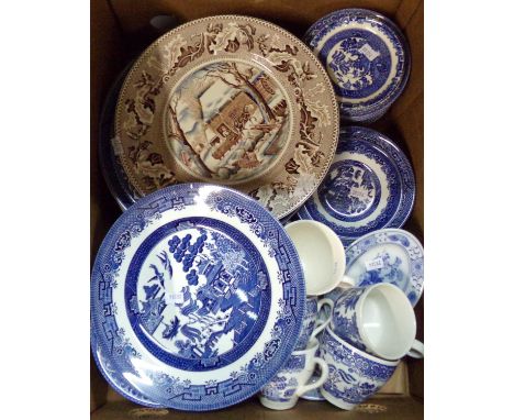 Box of china; mostly blue and white to include; Churchill 'Willow' and other willow pattern, Johnson Bros 'Historic America, 