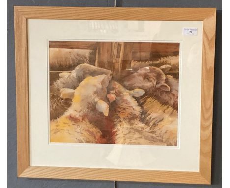 Coloured print, sheep in a pen, bearing indistinct signature. Framed and glazed. (B.P. 21% + VAT)
