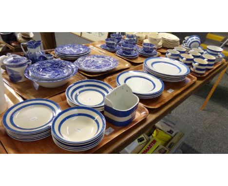 Three trays of blue and white Cornish T.G Green Ltd kitchenware ceramic items to include: mugs, saucers, plates, salt cellar,