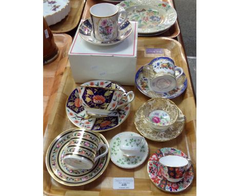 Collection of seven 20th Century collectors cups and saucers: miniature Irish Royal Tara cup and saucer decorated with shamro