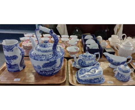 Two trays of blue and white china Spode 'Italian' design items, to include: water jug, large china kettle, cheese dish, teapo