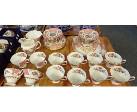 Two trays of Royal Albert English bone china 'Lady Carlyle' design teaware, to include: teacups, saucers, various plates, sug