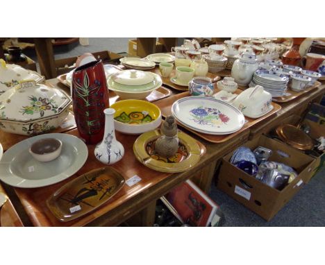 Two trays of Poole pottery items to include: plates, cheese dish, ashtrays, eggcup, trinket bowls, ginger jar without lid, fi