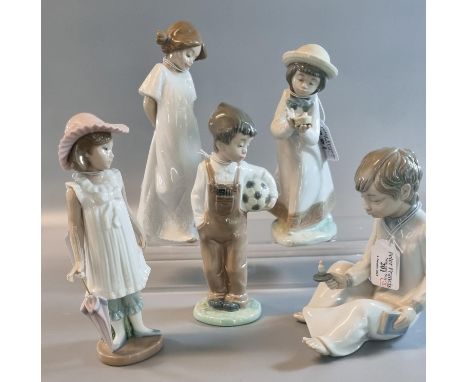 Five Nao porcelain Spanish figurines, to include: girl with chamber stick, boy with football etc.  (5)  (B.P. 21% + VAT) 