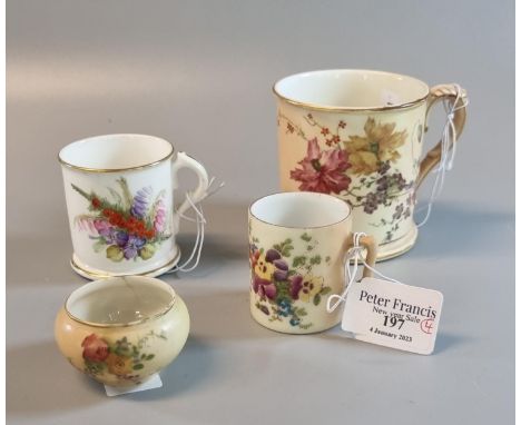 Collection of Royal Worcester Blush Ivory items, to include: straight sided mug and a miniature mug, small salt and another W