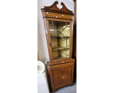 Edwardian inlaid mahogany two stage astragal glazed free standing corner cabinet.  (B.P. 21% + VAT) 