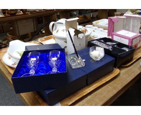 Three trays of glassware and china, to include: Bohemia Crystal boxed wine glasses, Welsh Royal Crystal boxed book shaped pen