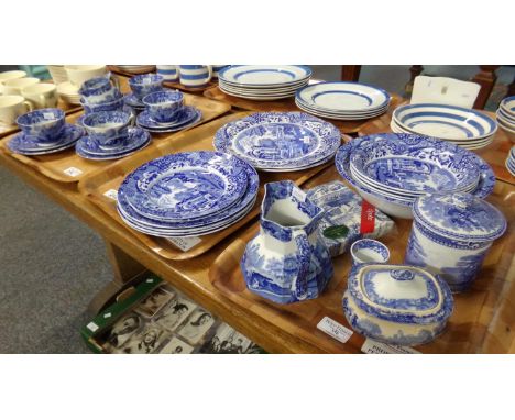 Three trays of blue and white Copeland Spode 'Italian' design items to include: plates, bowls, trios, milk jug, sugar bowl, e