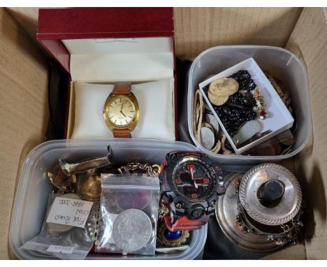 Collection of assorted costume jewellery, dwarf candle stick, coins, Casio G Shock watch, Rotary gold plated quartz watch etc