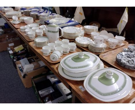 Six trays of Royal Doulton English fine bone china 'Rondelay' design items, to include: various plates, bowls, sauce boat and