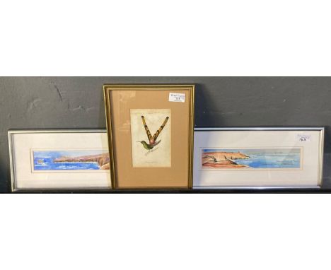 Peter Morgan (Welsh 20th century), coastal studies, signed.  Watercolours, a pair.  5.5x26.5cm approx, together with an ornit