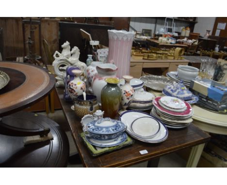 A pink and white glazed stick stand; together with various china jugs, tureens and plates 