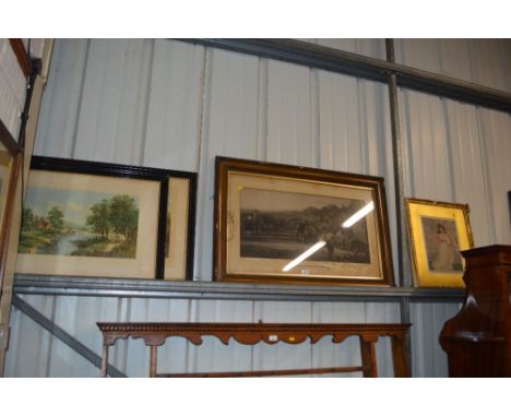 A 19th Century black and white print entitled "The Bowler" together with a portrait print; and a pair of coloured landscape p