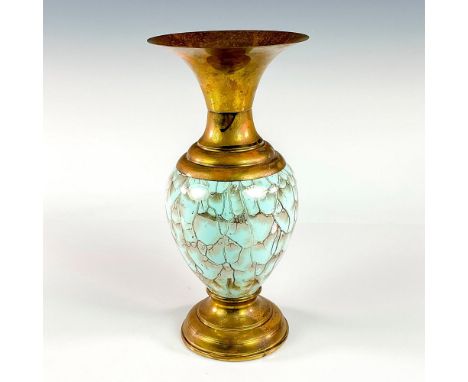 Turquoise toned with lustre finish &amp; branch patterning. Brass upper portion and base.Delft Holland on bottom. This item h