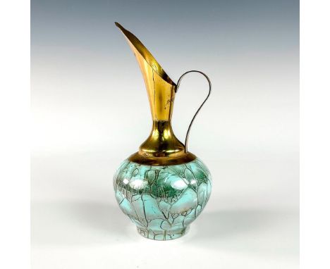 Turquoise toned with lustre finish &amp; branch patterning. Brass accented handle and spout.Hand Painted Delft Holland on bot