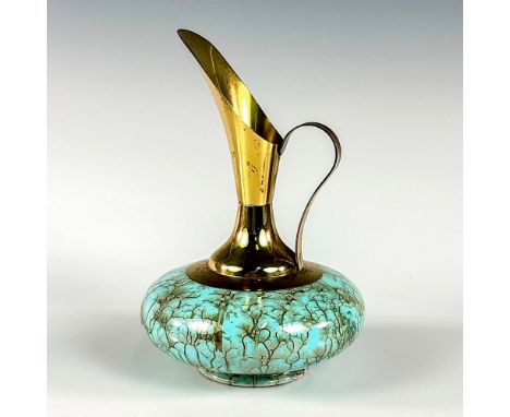 Turquoise toned with lustre finish &amp; branch patterning. Brass accented handle and spout.Flattened and rounded bottom port