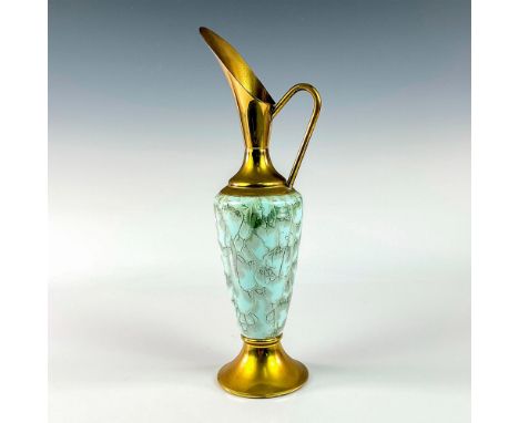 Turquoise toned with lustre finish &amp; branch patterning. Brass accented handle, spout, and base.Delft Holland on bottom of