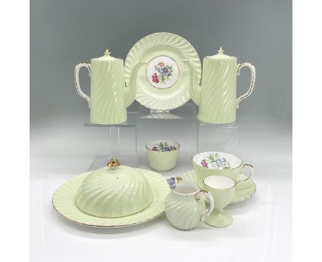 Bone china tea service in pale green, raised ripple swirl, colorful flowers, gold rims and accents. Aynsley backstamp. Two sm