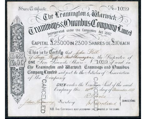 Great Britain: Leamington &amp; Warwick Tramways &amp; Omnibus Co. Ltd., share certificate for £10 share, 1881, No.10393, scr
