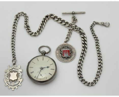 A silver open face key wind pocket watch, with marks for CJ (Christopher Jones?), Chester 1850. On a hallmarked silver Albert