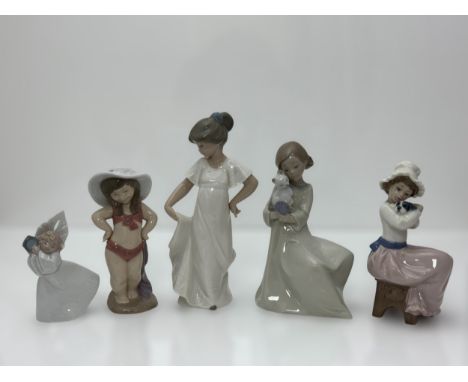 Five Nao figurines. 'Sweet Reflections' No. 02001566 boxed, 'Summer Sunshine' No. 02001544 boxed, 'Shake a Melody' No. 020015