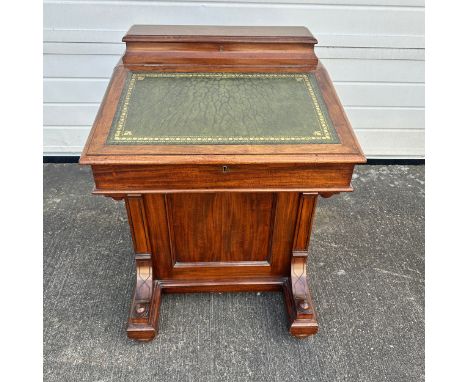 Mahogany Davenport Desk with a Green Tooled Leather Top. Bank of four drawers to one side and false bank of drawers to the op
