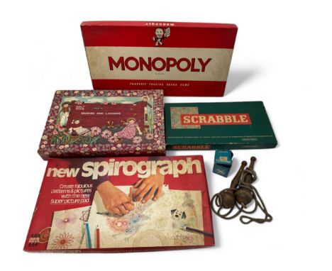 Range of vintage board games to include Monopoly, Scrabble, Snakes and Ladders, spirograph etc