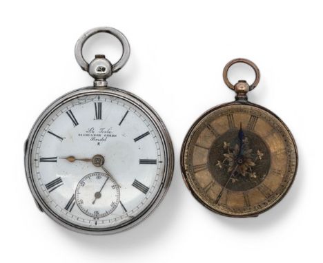 Two pocket watches. A gold fob watch stamped as 9ct gold on inner case numbered 1076, weight 25.7g And a silver pocket watch 