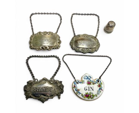 Range of four decanter labels, to include two silver Sherry / Whisky labels with Birmingham hallmarks, white metal Brandy lab