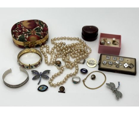 Some silver, pearl and costume jewellery to include a bangle stamped 925, a cultured pearl single strand necklace with marcas