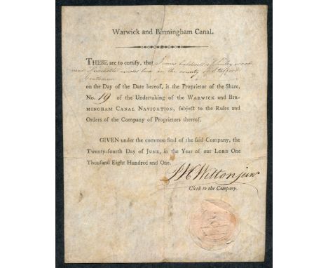 Warwick and Birmingham Canal share certificate for share No.19, 1801, on vellum, with company seal.