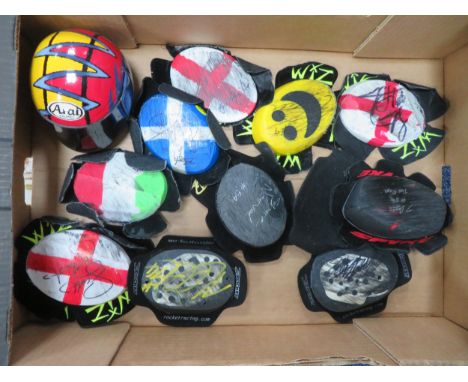 Superbike riders signed knee/elbow pads collection, generally excellent to good, including J Ingram (The Ram), Shane Norvel a