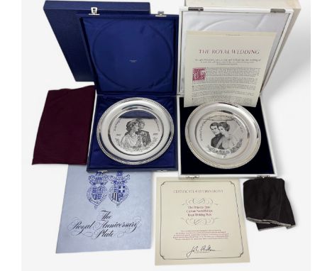 Two hallmarked silver Royal commemorative plates. A cased silver Royal Wedding plate commemorating the wedding of Princess An
