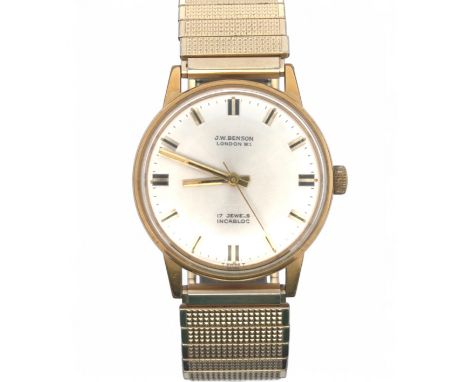 J.W Benson 17 Jewels Incabloc Gentleman's Wrsitwatch. Flexible stainless steel bracelet. Watch face diameter measures 35mm. I