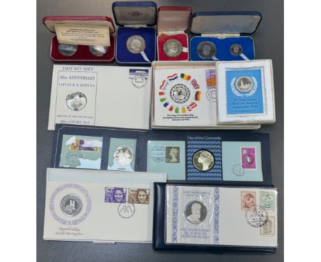 A collection of mainly silver medallions (13), boxed and on covers, with medals commemorating Concorde, Apollo-Soyuz Space Mi