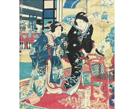 Utagawa Kunisada / Toyokuni III (Japanese, 1786-1865),Interior scene with three ladies, Woodblock print on paper, Framed and 