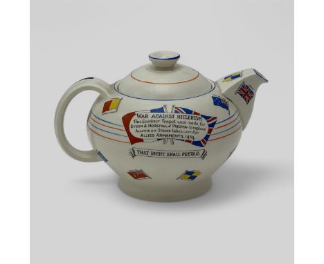 WWII Crown Ducal tea pot 'War Against Hitlerism' souvenir teapot for Dyson &amp; Horsfall of Preston to replace Aluminium Sto