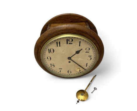 1938 Double Faced F.W. Elliott Fusee Movement Wall Clock, generally in good condition. Slight wood damage to base (see photo)