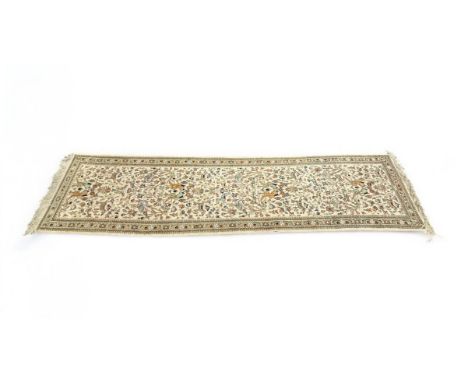 Persian narrow Tabriz runner rug, with floral design surrounding internal birds, deer and archers on cream / yellow ground. M