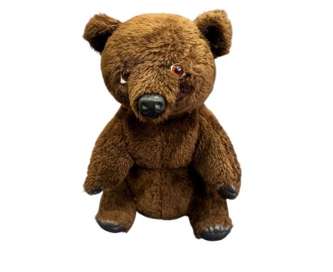 Lefray Teddy Bear, dark brown with amber eyes, plastic nose and stitched paw pads, made in Aberbeeg, Gwent NP3 2XF, Wales, ge