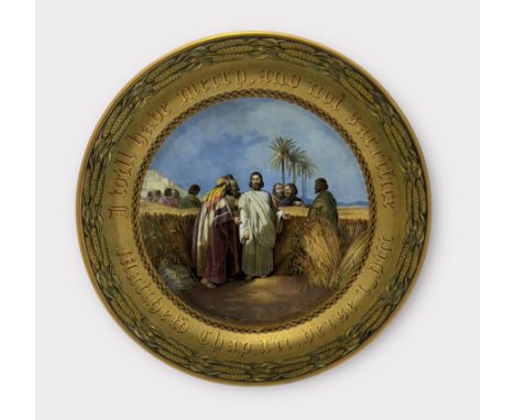 A Prattware polychrome and gilt bread plate. 'Christ in a Cornfield' design and inscribed “I will Have Mercy and Not Sacrific