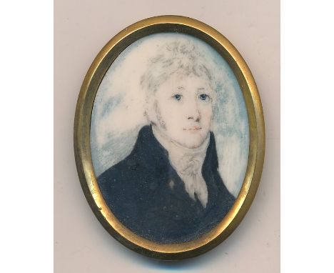 English School (18th / 19th Century),Miniature portrait of a gentleman wearing a navy jacket, Watercolour on ivory,Unsigned,D